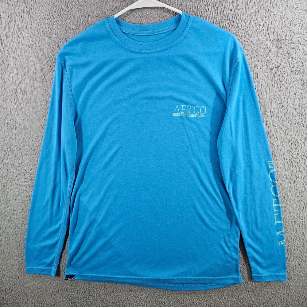 AFTCO Mens Long Sleeve Fishing Shirt Blue Any Fish Any Water Graphic Size Medium